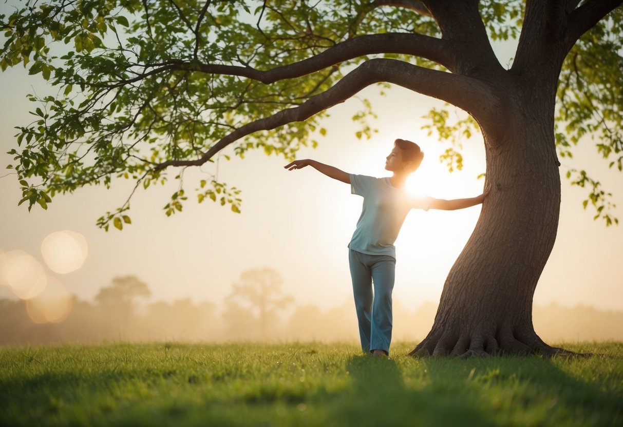 A serene, tranquil setting with a personified tree gently bending and stretching its branches. A peaceful atmosphere with soft, warm lighting