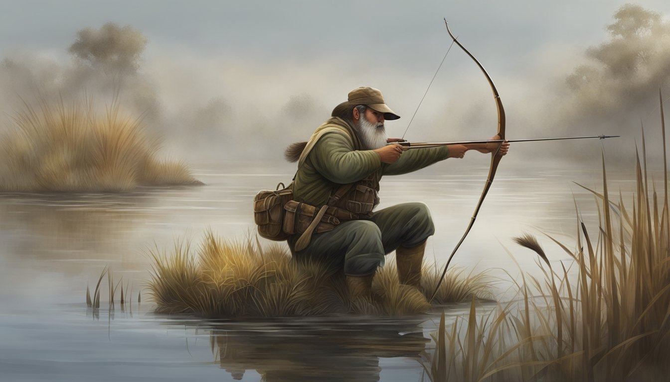 Nutria hunting scene: Dense fog blankets the marsh as a hunter silently approaches the water's edge, armed with a bow and arrow, ready to catch the elusive prey