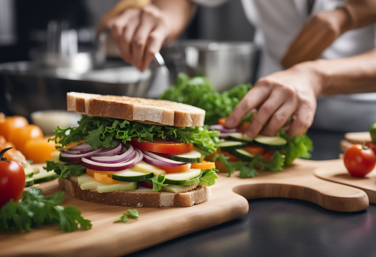 Um sanduíche gourmet sendo preparado com ingredientes frescos em uma bancada de cozinha limpa e organizada. Os ingredientes incluem vegetais coloridos, pão artesanal e carnes e queijos de alta qualidade.