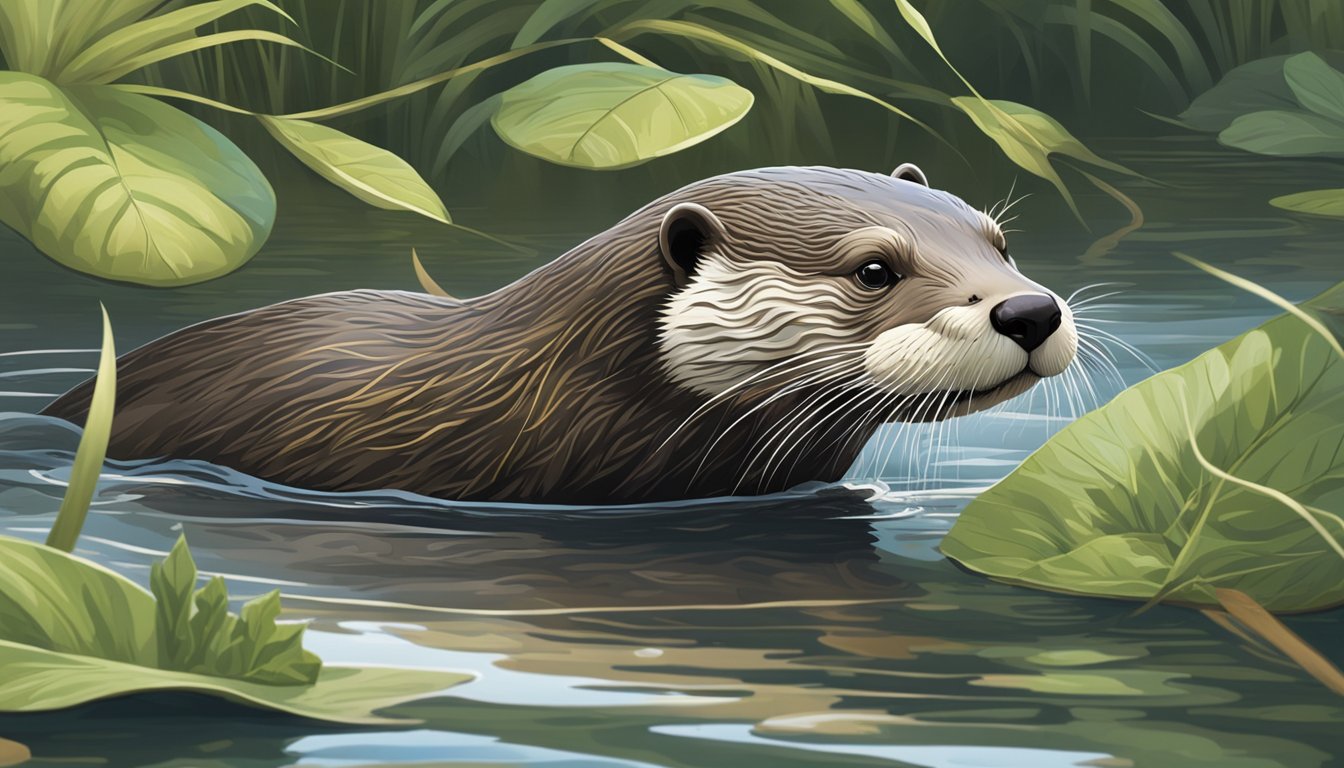 An otter gracefully swims through a tranquil river, surrounded by lush greenery and clear skies, perfect for hunting