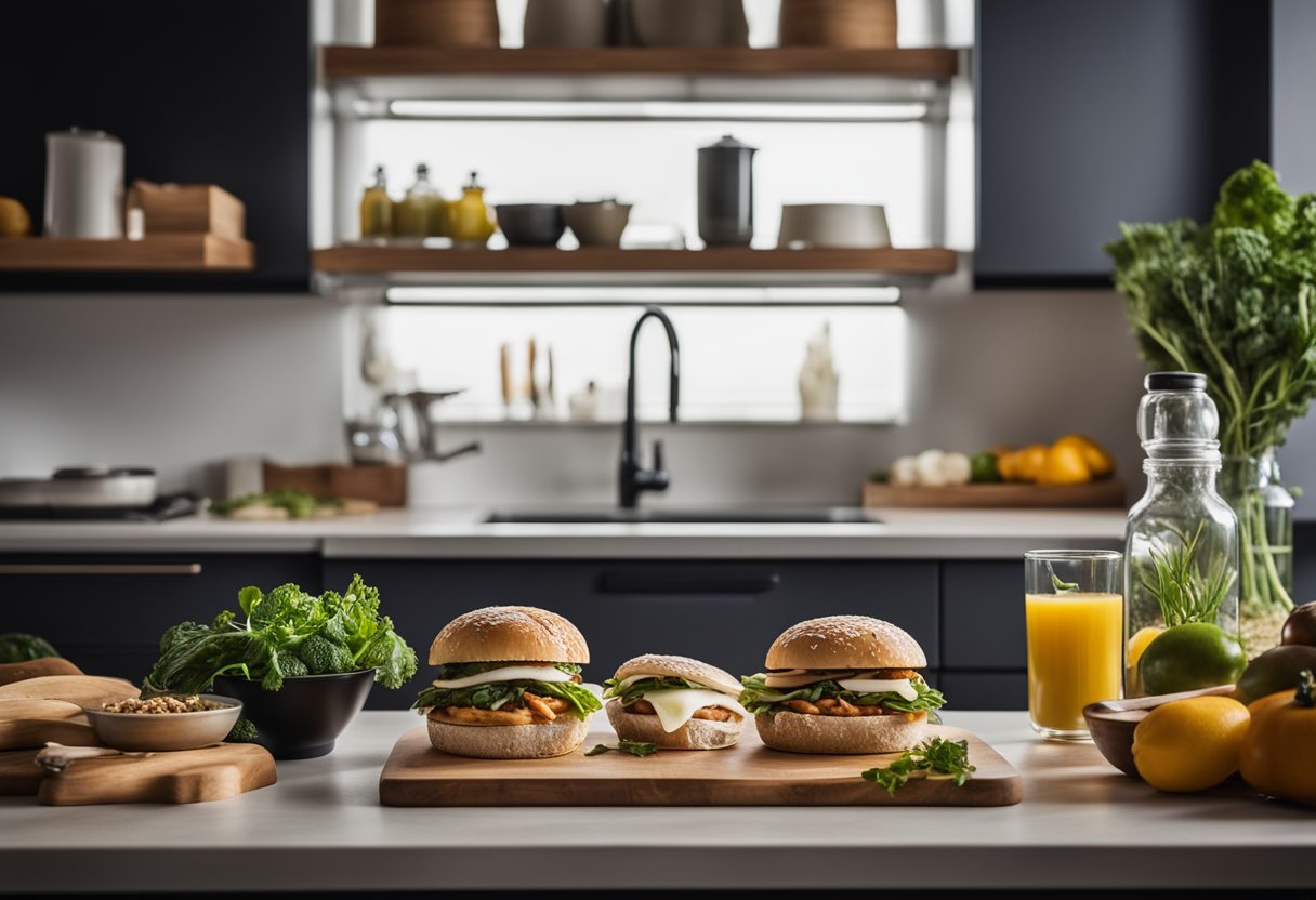 Uma bancada de cozinha moderna com ingredientes frescos e recheios de sanduíches gourmet, cercada por utensílios de cozinha e um cronômetro ajustado para 10 minutos.