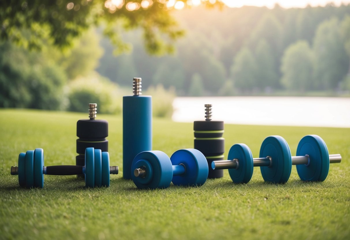 A serene setting with various exercise equipment tailored for specific joints affected by osteoarthritis, surrounded by calm and peaceful nature