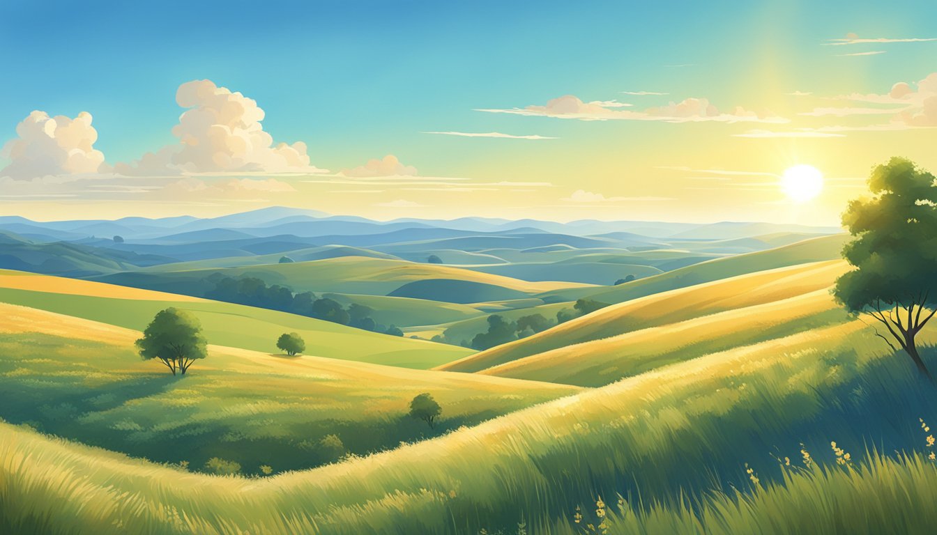 A clear, sunny day with a wide open landscape, featuring rolling hills and sparse vegetation. The sky is a vibrant blue, and the sun is shining brightly