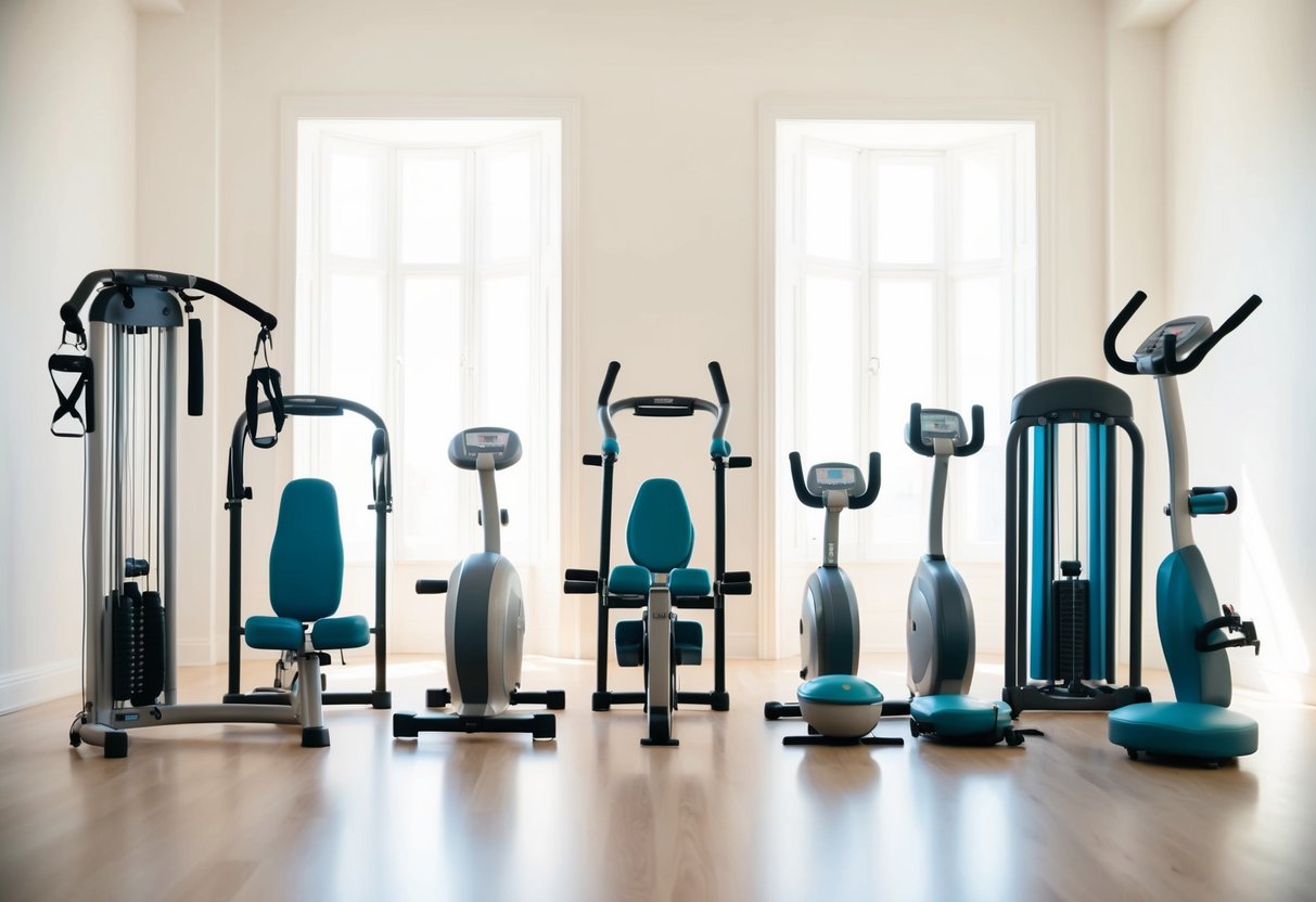 A set of joint-specific exercise equipment arranged in a bright, spacious room with soft, natural lighting. Each piece of equipment is designed to target osteoarthritis pain in specific joints