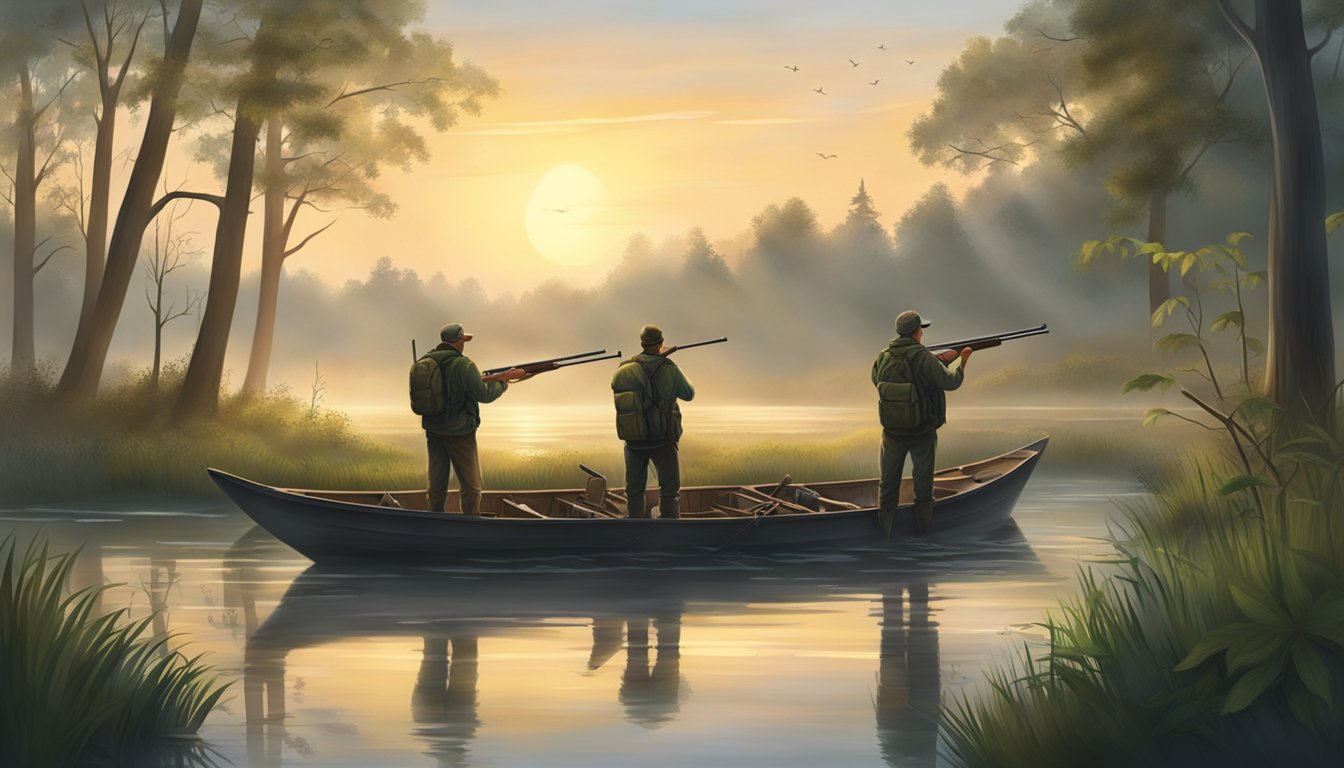 A misty dawn over a tranquil river, surrounded by lush greenery and the sound of wildlife. A group of hunters gather to plan their strategy for otter hunting