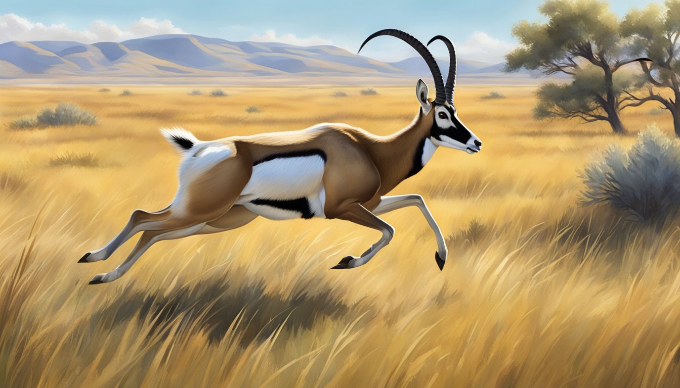 A pronghorn antelope sprinting across an open grassland, with a hunter stalking from a distance, taking advantage of the clear, sunny weather