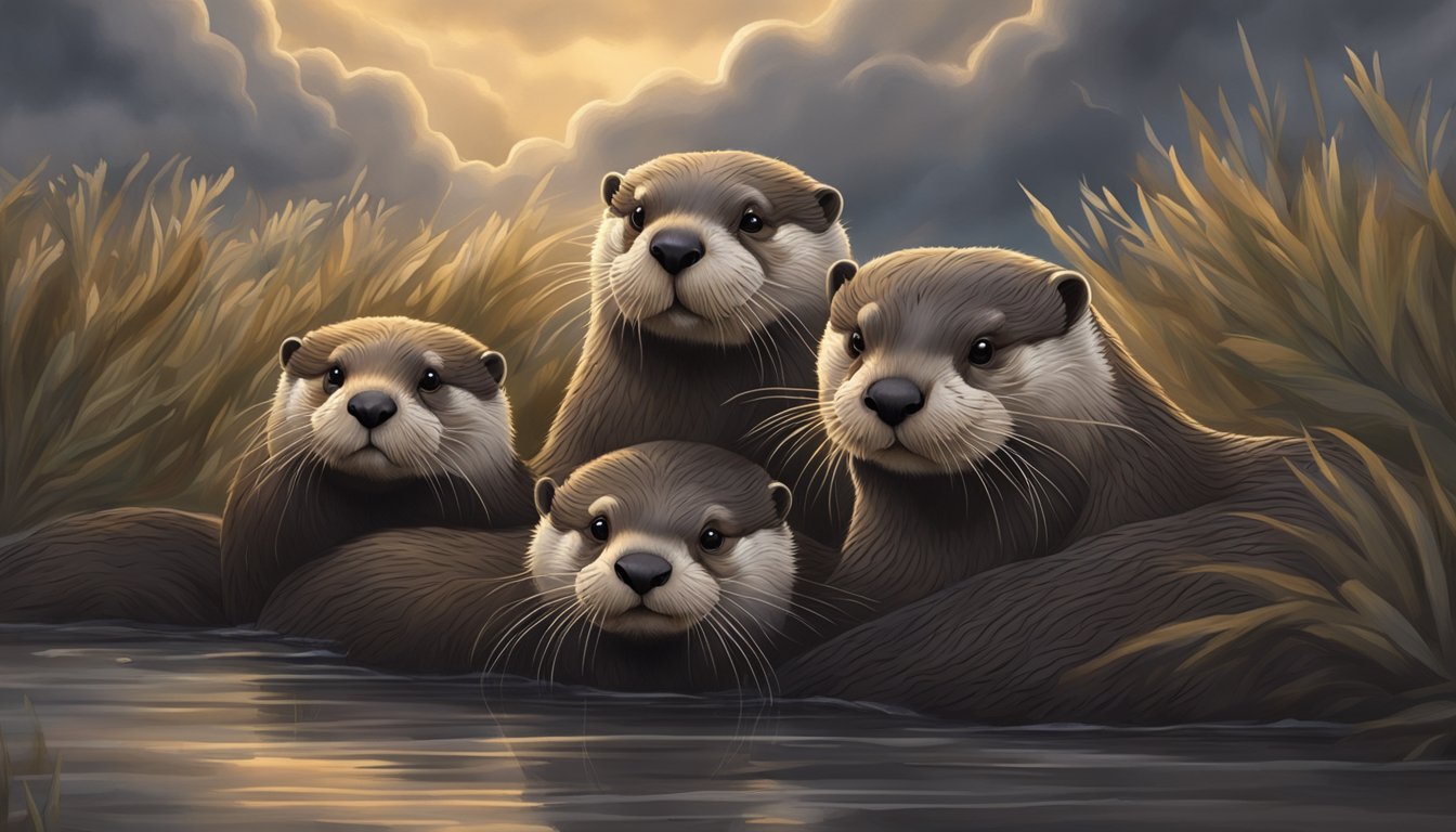 An otter family huddles together in their cozy den, as dark storm clouds gather overhead and the wind begins to howl