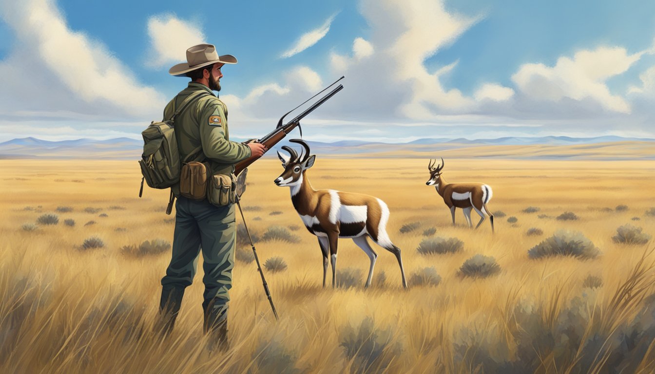 A pronghorn hunter stands in a vast, open grassland under a clear blue sky, with a rifle slung over their shoulder and binoculars around their neck