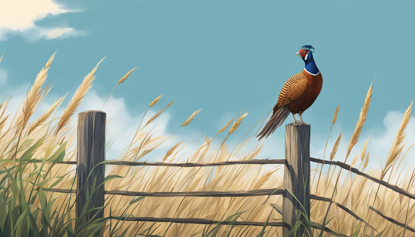 A pheasant perched on a fence post, surrounded by tall grass and under a clear blue sky