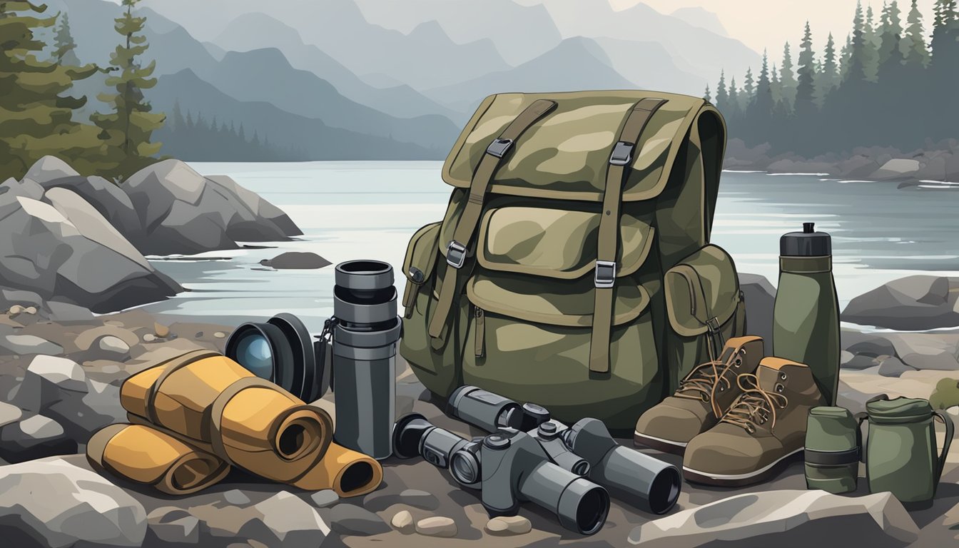 A hunter's backpack with camouflage gear, binoculars, a rifle, and waterproof clothing laid out on a rocky shore. The sky is overcast with a hint of rain