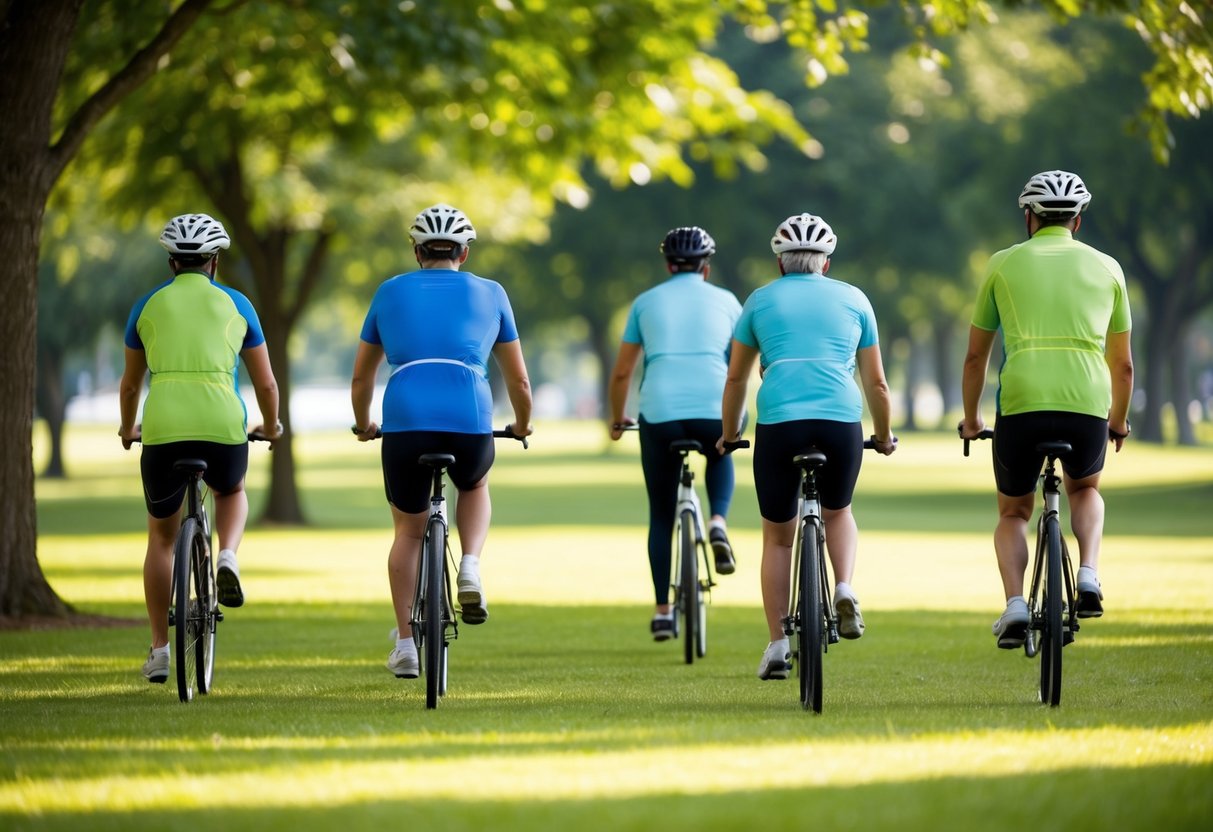 A serene park setting with individuals engaged in low-impact activities such as walking, swimming, or cycling to target osteoarthritis pain in specific joints