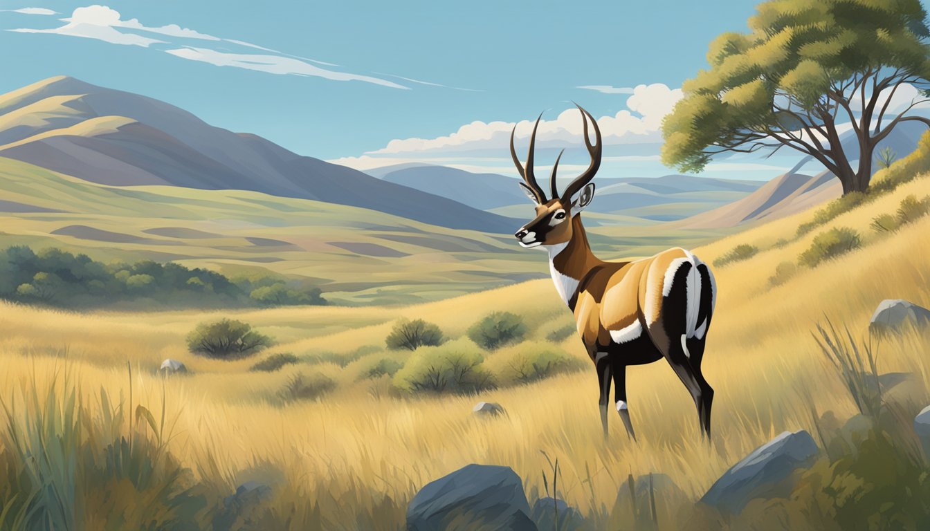 A vast open grassland with rolling hills, clear blue skies, and a gentle breeze. A lone pronghorn stands alert, surrounded by native vegetation