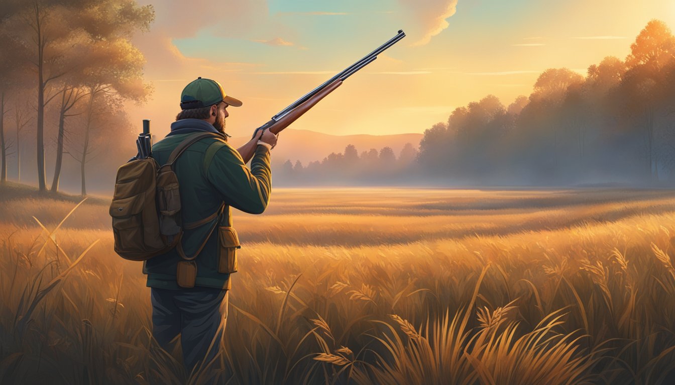 A hunter stands in a field at sunrise, surrounded by tall grass and trees, holding a shotgun and scanning the sky for pheasants