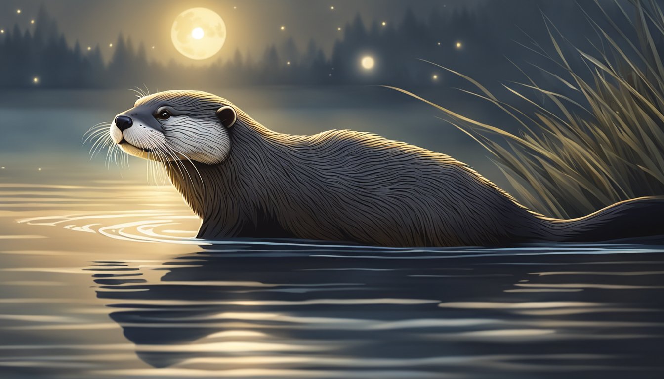 An otter stealthily swims through a calm river, scanning the banks for prey. The moonlight casts a soft glow on the water, creating a serene ambiance for the hunt