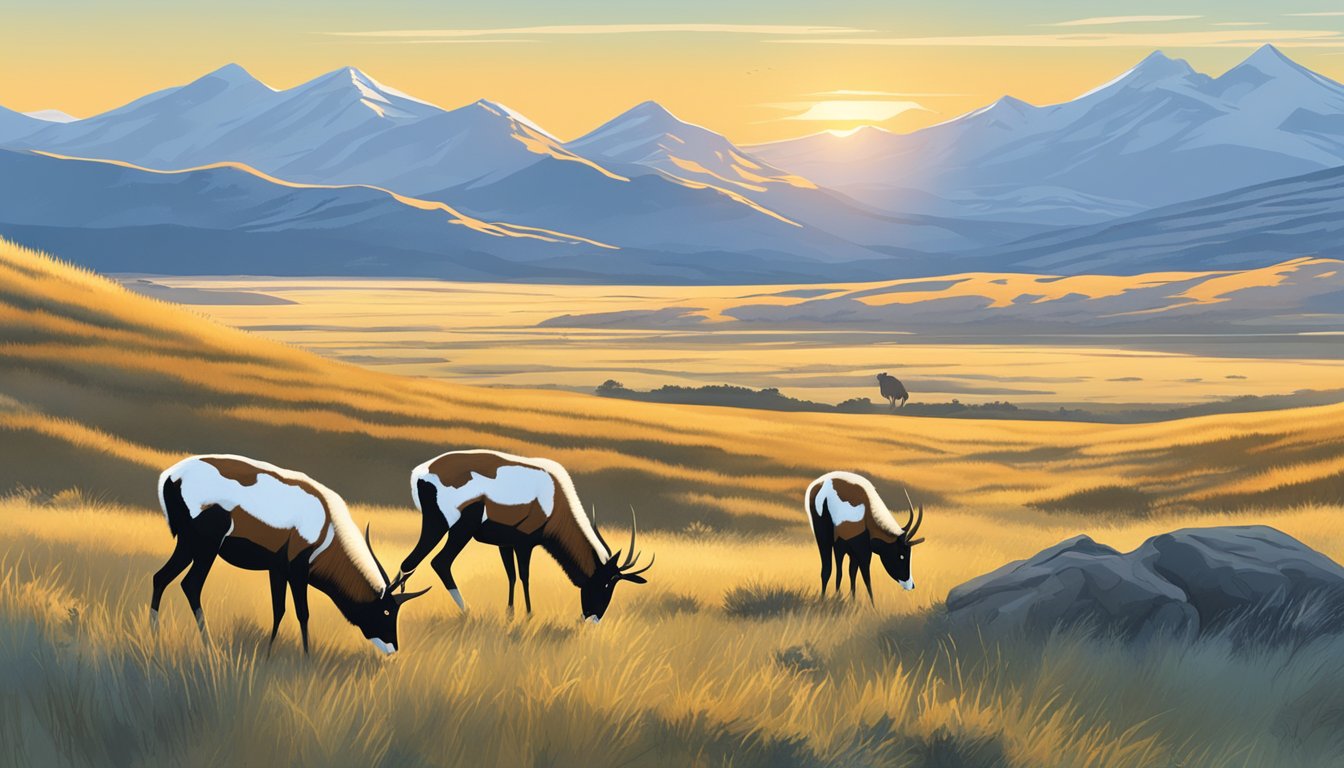 Sunrise over vast grasslands, pronghorn grazing. Snow-capped mountains in distance, clear blue sky