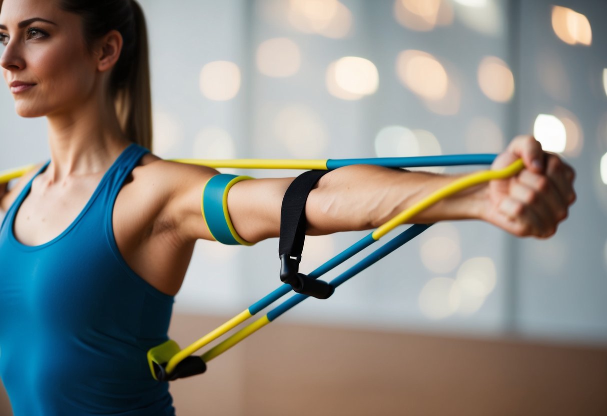 A person using resistance bands to perform shoulder and elbow strengthening exercises