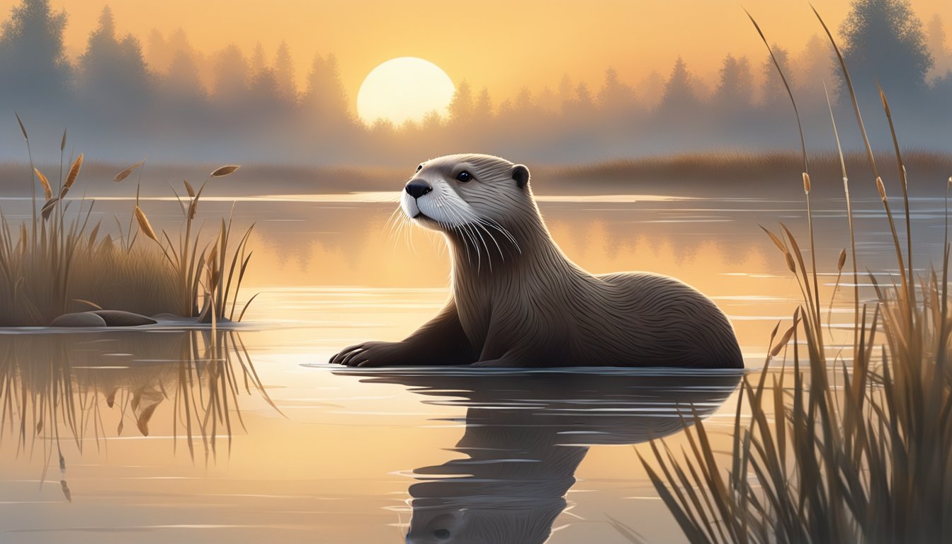 An otter hunts in a calm, misty marsh at dawn, with the sun rising behind scattered clouds and a light breeze rustling the reeds