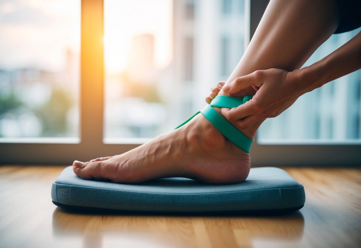 A foot resting on a cushioned step, with a resistance band looped around the ankle and being pulled taut