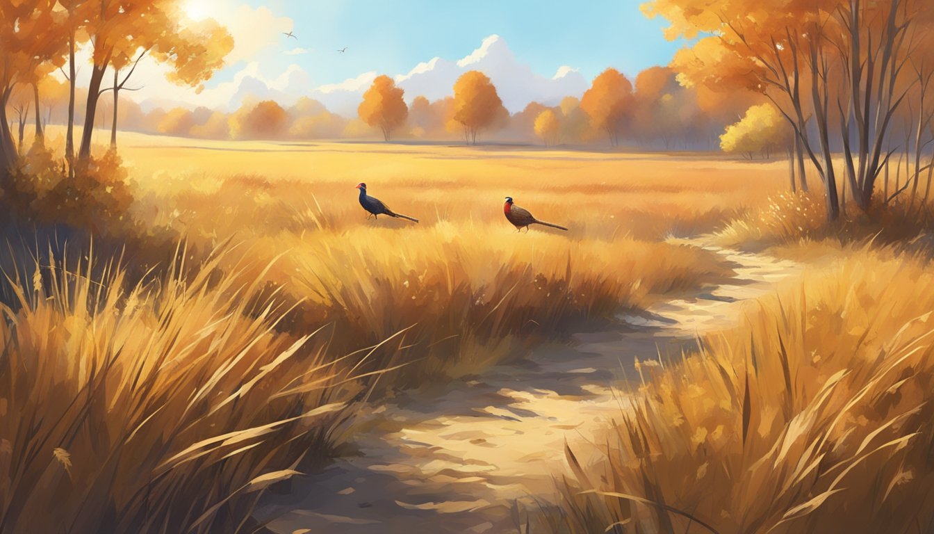 A sunny autumn day in a rural field, with tall grasses and scattered bushes. A gentle breeze blows, and the sky is clear, creating perfect conditions for pheasant hunting