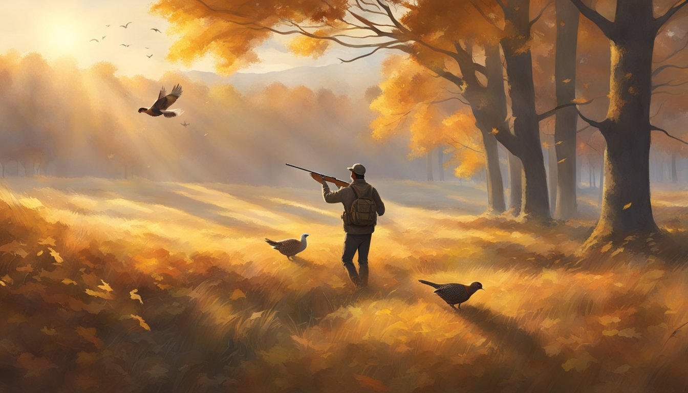 A crisp autumn morning in a rural field, with golden sunlight filtering through the trees as a hunter takes aim at a pheasant in flight