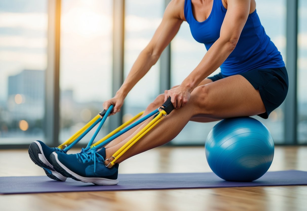 A person performing joint-specific exercises using resistance bands and a stability ball to target osteoarthritis pain in their knees and hips