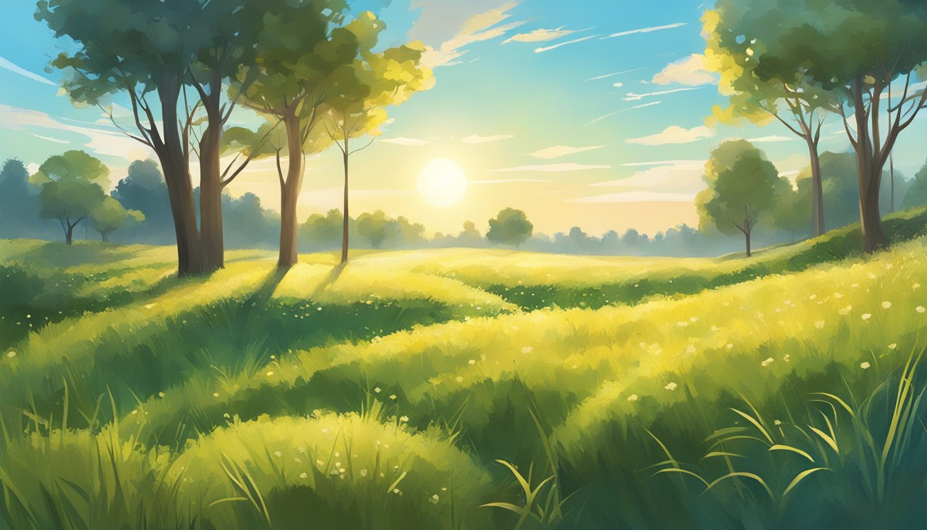 A sunny, cool morning in a grassy field with scattered bushes, a few trees, and a clear blue sky