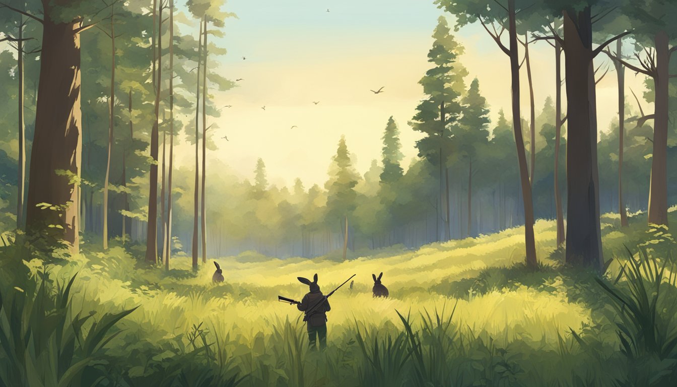 A clear, sunny day in a forest clearing with tall grass and scattered bushes. A few rabbits are visible, and a hunter with a rifle is in the distance