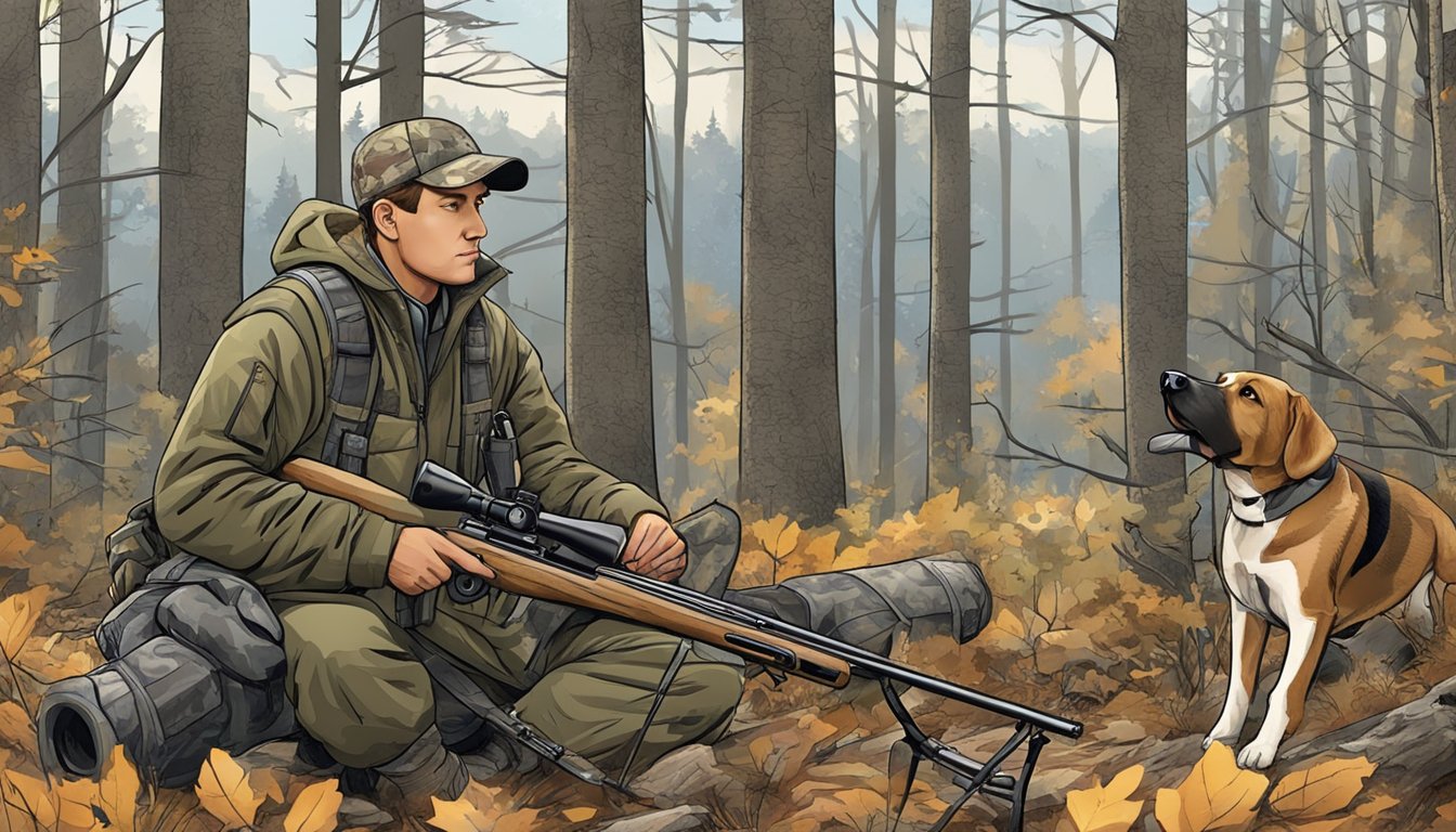 A hunter setting up gear in a wooded area on a clear, cool day with a rifle, camouflage clothing, and a hunting dog