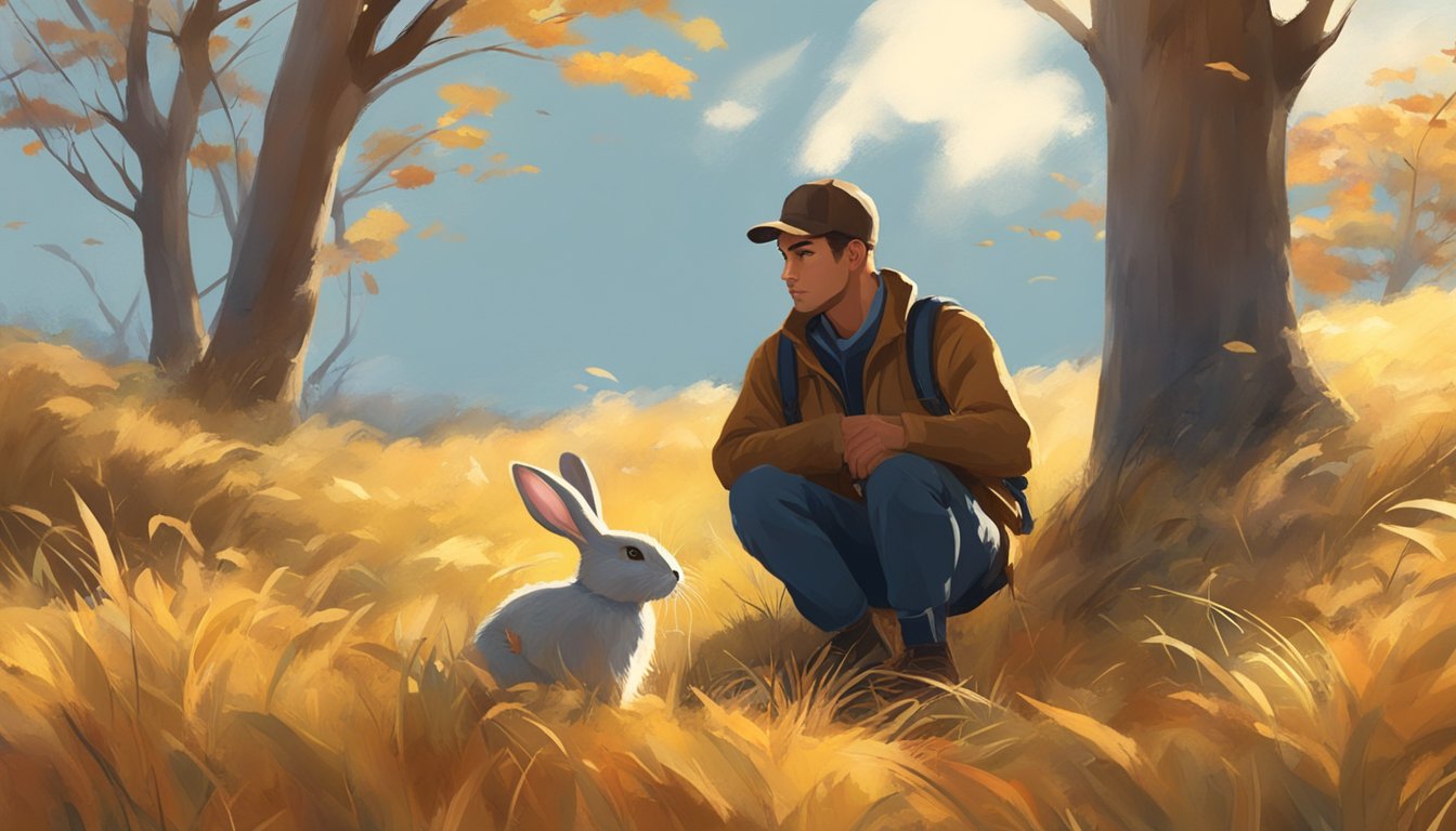 A sunny, crisp autumn day with scattered clouds and a light breeze. A hunter crouches in the tall grass, eyes trained on a rabbit warren