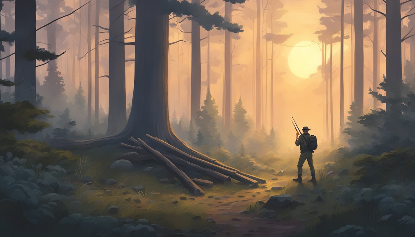 A forest clearing at dusk, with a hunter setting up traps and sharpening tools, surrounded by tall trees and a cool, misty atmosphere