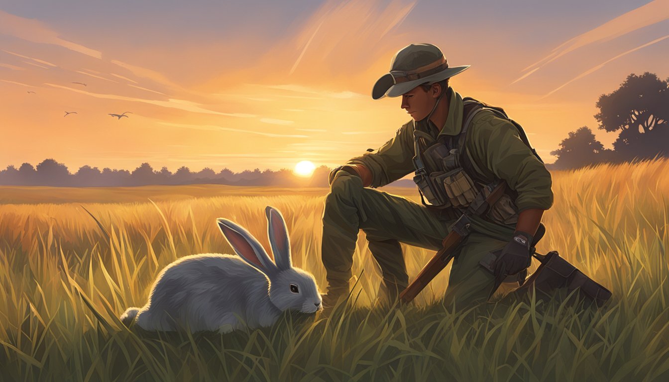 Sunset over a grassy field, with a hunter's gear scattered on the ground and a rabbit being skinned nearby