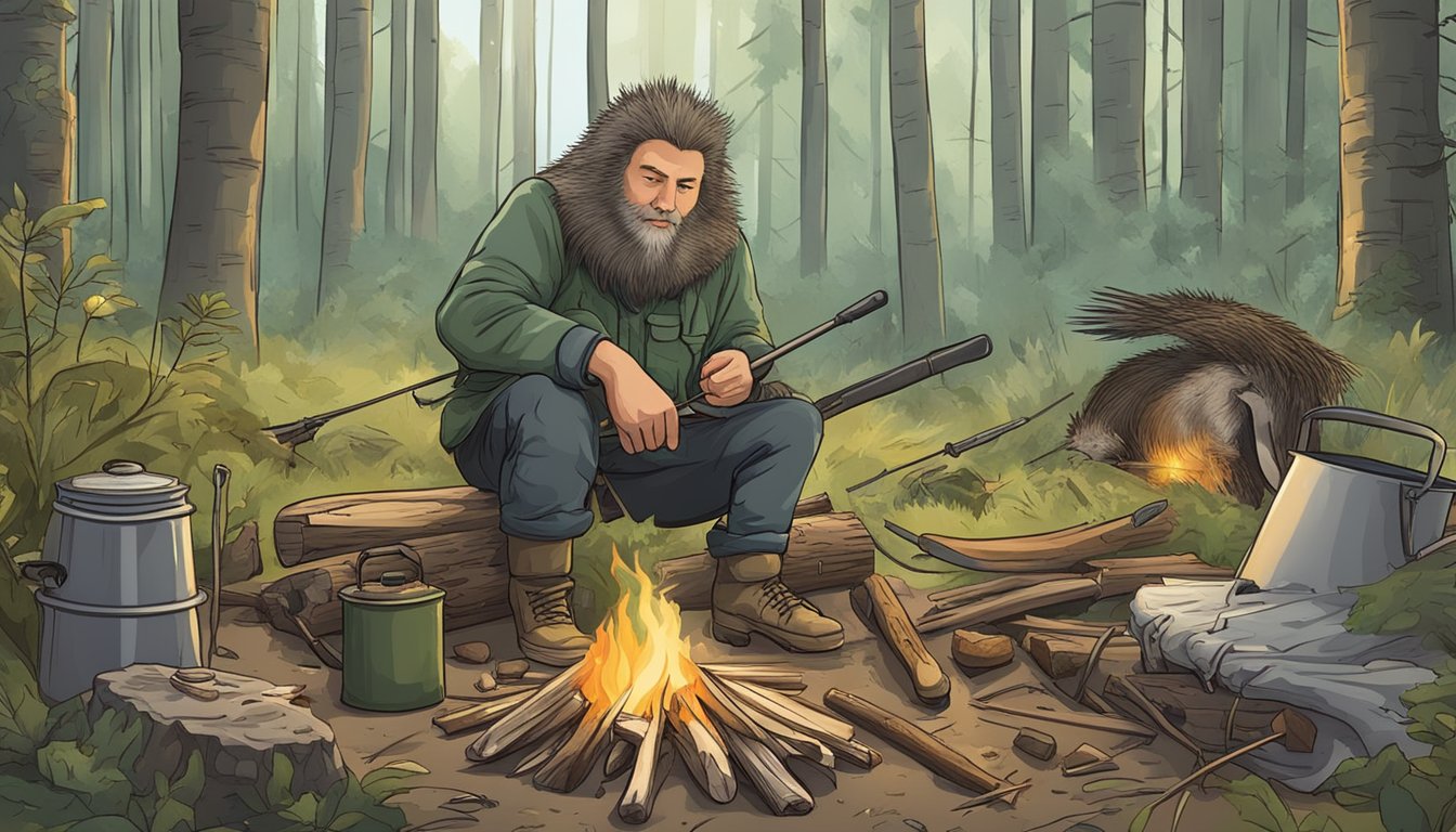 A forest clearing with a campfire surrounded by tools and cooking equipment. A porcupine carcass is being skinned and prepared for cooking