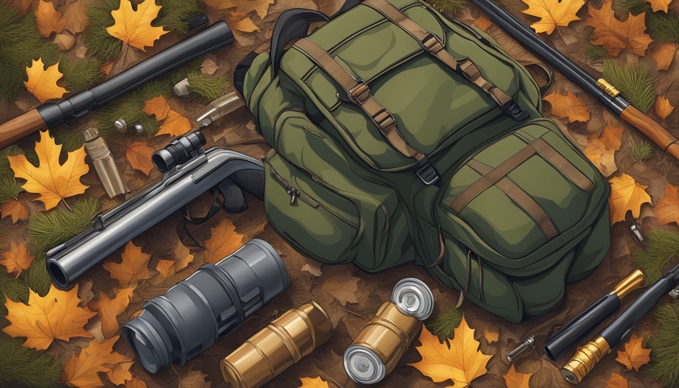 A hunter's backpack with shotgun, ammunition, and camouflage gear laid out on a forest floor with fallen leaves and pine needles