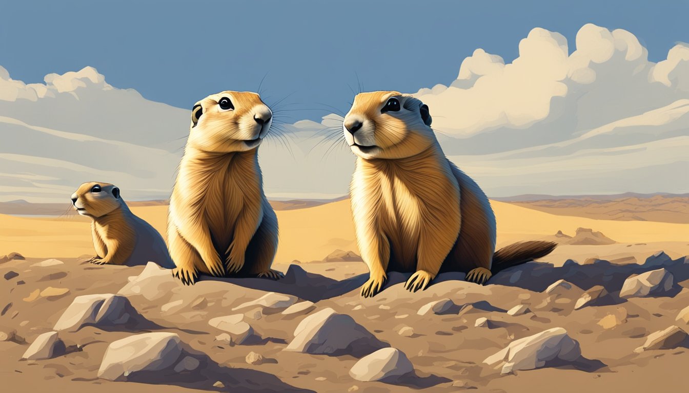 Prairie dogs emerge from their burrows under a clear, sunny sky. The dry, mild weather allows them to forage and hunt for food without any hindrance