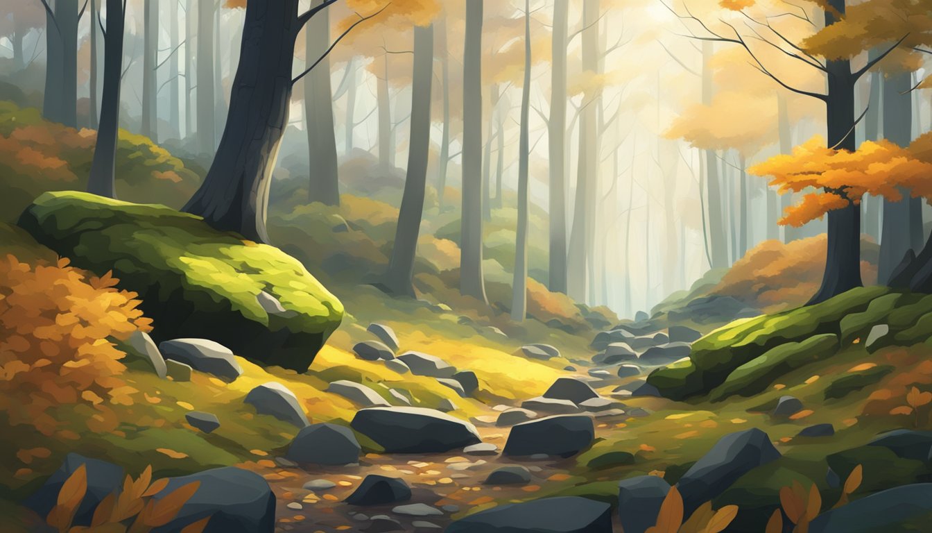 A dense forest with fallen leaves and mossy rocks, a cool, overcast day with patches of sunlight filtering through the trees