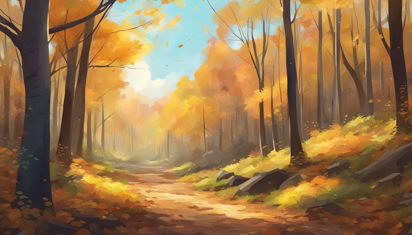 A sunny autumn day in a dense forest, with colorful leaves on the ground and the sound of rustling underbrush