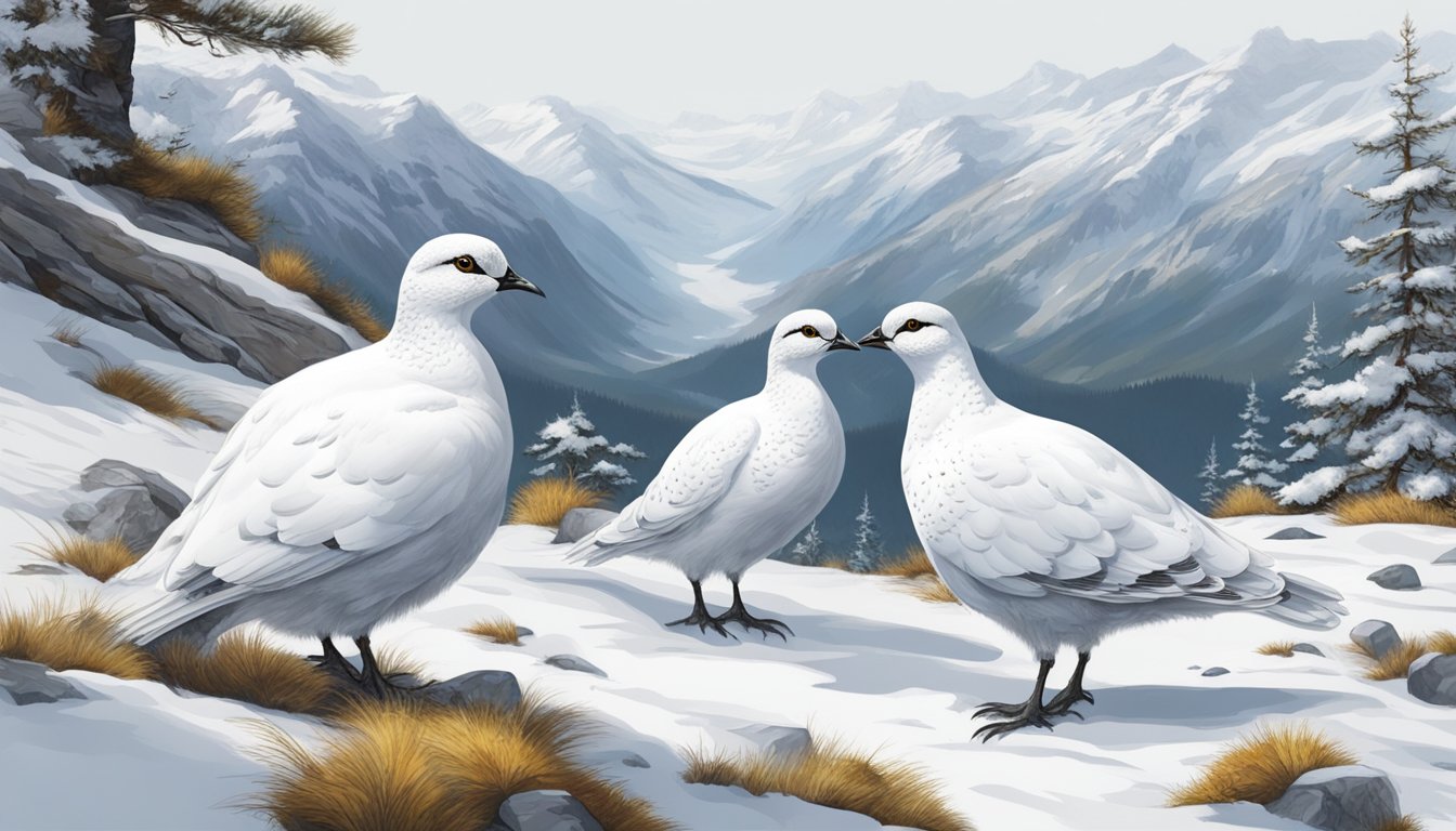 A snowy alpine landscape with a group of ptarmigans camouflaged against the white backdrop