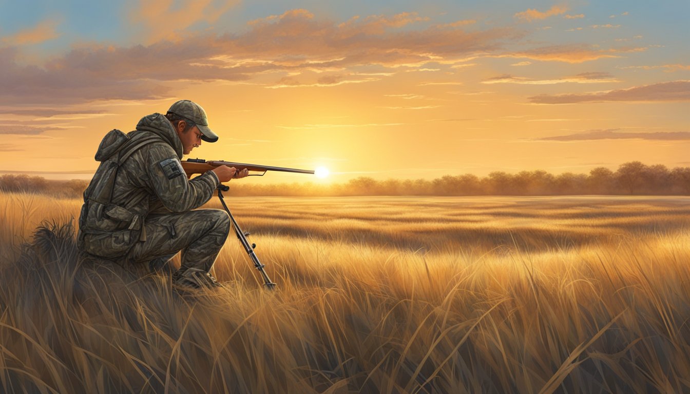 A hunter sets up a camouflaged blind in the early morning light, as the sun rises over the vast prairie grassland