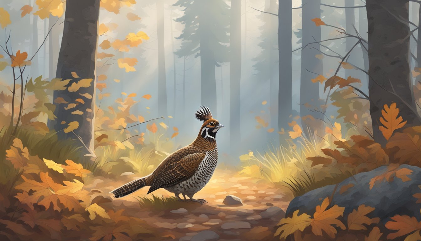 A misty morning in a dense forest, with colorful leaves on the ground and a pair of ruffed grouse cautiously peering out from behind a bush