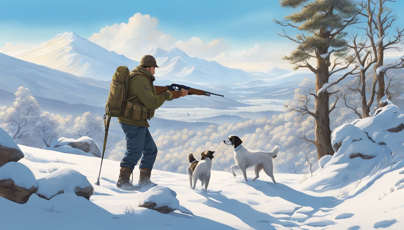 A snowy landscape with sparse vegetation, a clear blue sky, and a hunter with a shotgun and a dog searching for ptarmigan