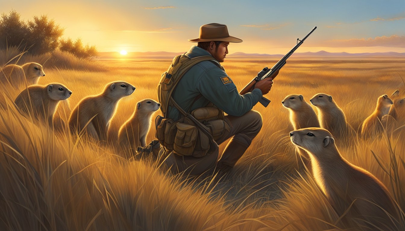 A hunter crouches in tall grass, rifle aimed at a group of prairie dogs. The sun sets over the vast, open prairie, casting a warm glow on the scene