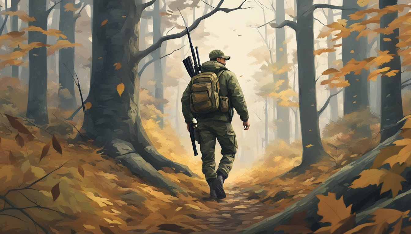 A hunter in camouflage gear walks through a dense forest with a shotgun, surrounded by fallen leaves and tall trees on a cool, overcast day