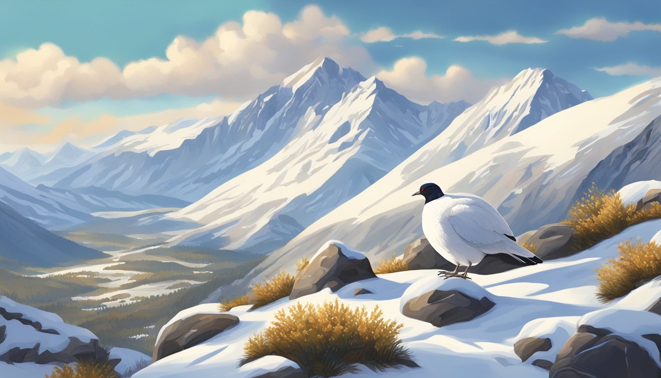 A snowy mountain landscape with ptarmigans hiding among rocks and shrubs, under a clear sky with a hint of sunlight