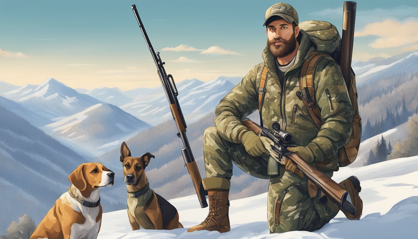 A hunter in camouflage gear stands in a snowy mountain landscape, holding a shotgun and binoculars, with a hunting dog at their side