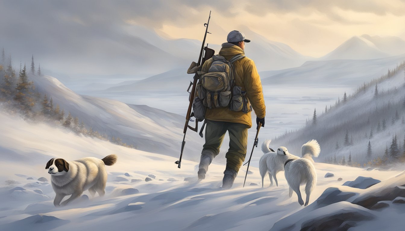 Ptarmigan hunting scene: Snow-covered tundra, foggy skies, hunter with shotgun and dog tracking through the rocky terrain