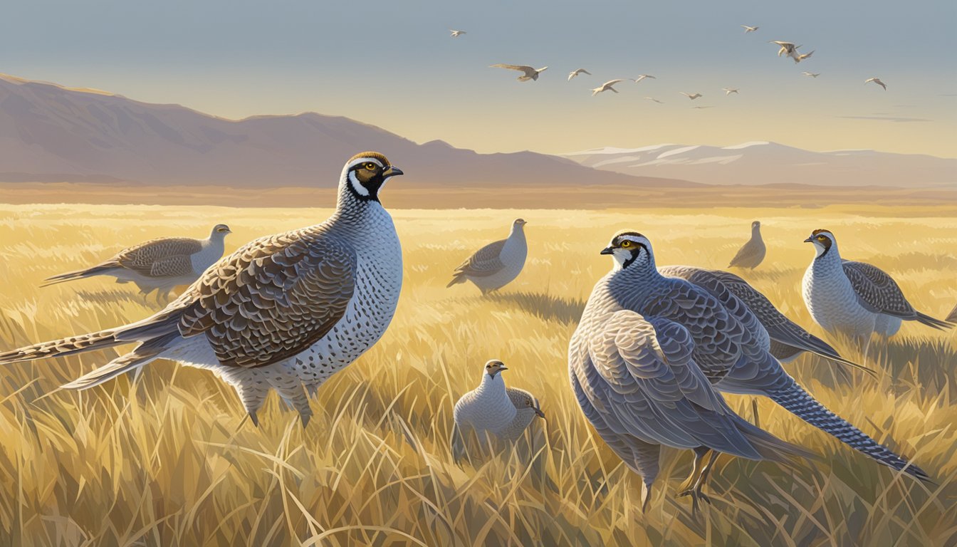 A group of sharp-tailed grouse foraging in a grassy field under a clear, sunny sky