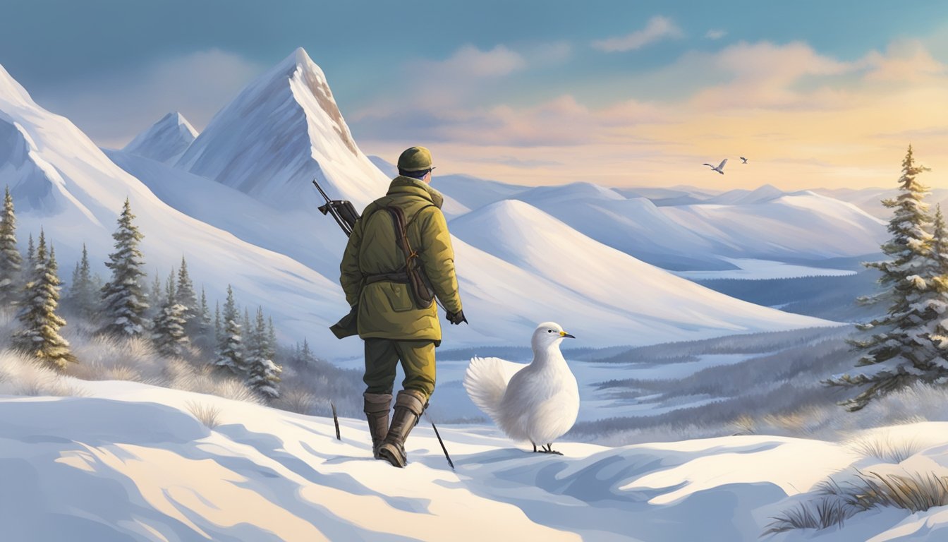 A snowy landscape with a hunter stalking ptarmigan, a small bird, in the wintry wilderness