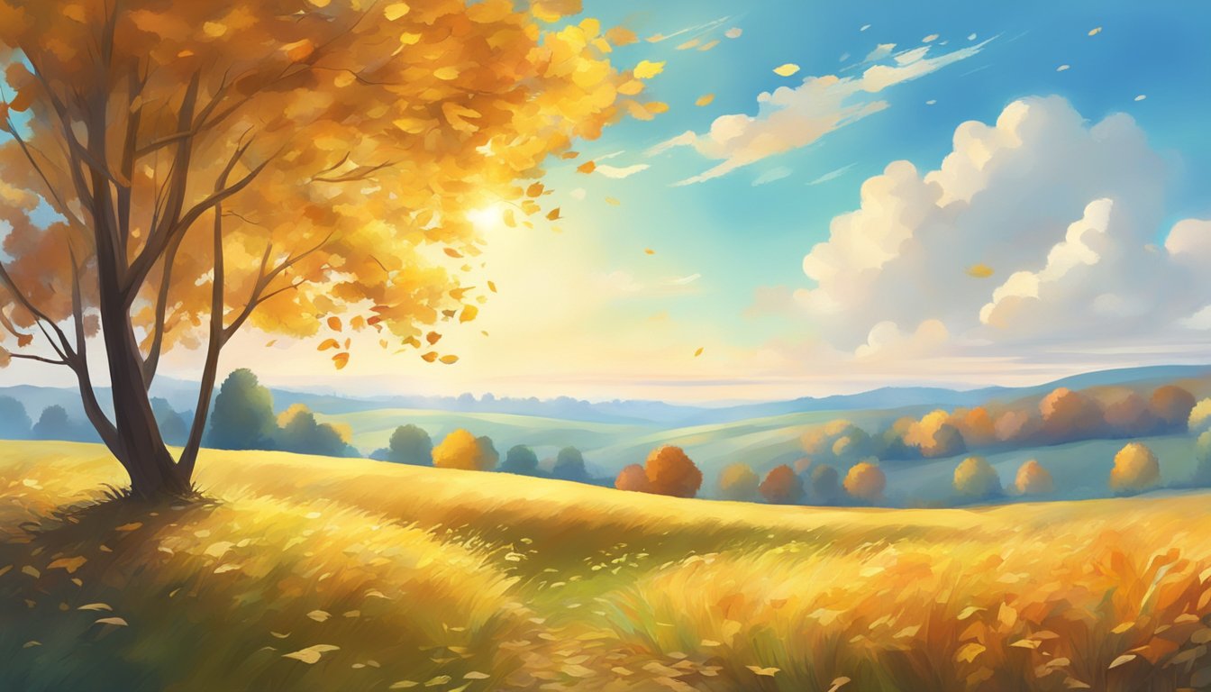 A bright, crisp autumn morning with a clear blue sky, scattered clouds, and a gentle breeze rustling through the grassy fields