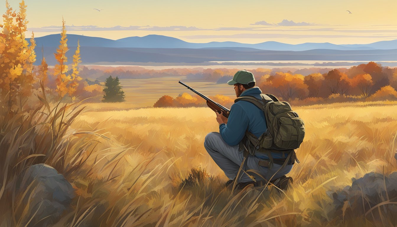 A clear, crisp autumn morning in a grassy field, with a hunter crouching behind a bush, watching for sharp-tailed grouse