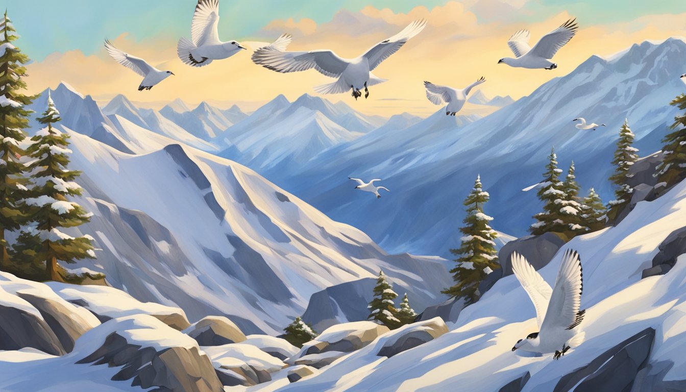 Snow-covered mountains with clear blue skies. A group of ptarmigans flying over a rocky terrain